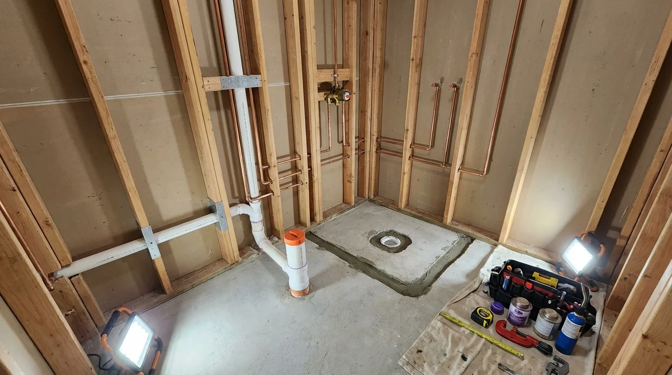 Bathroom rough-in plumbing during remodel by Johns Plumbing LLC in Steamboat Springs