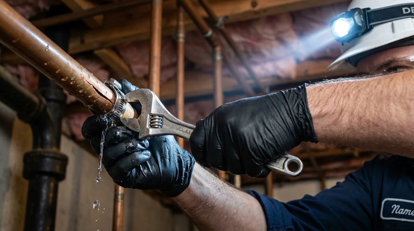 Emergency pipe clamp repair being performed by a Johns Plumbing LLC plumber in Steamboat Springs