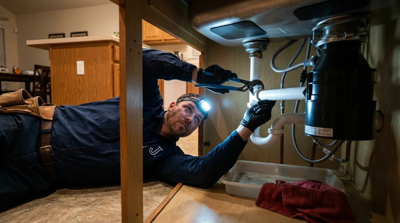 P-trap and supply line connections under a kitchen sink showing a common leak point in Steamboat Springs, CO